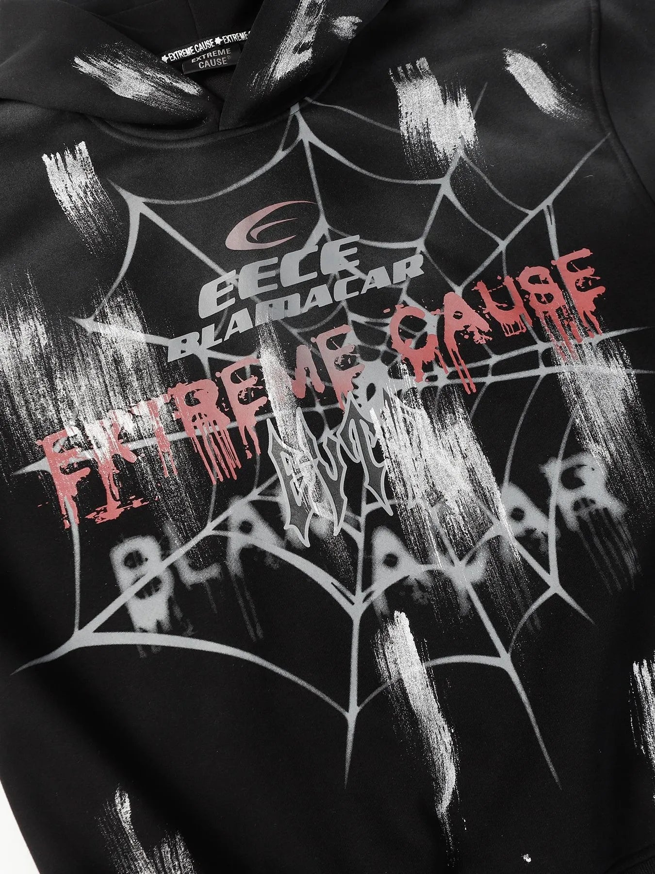 Men's black gothic hoodie with a spider web and graffiti print.