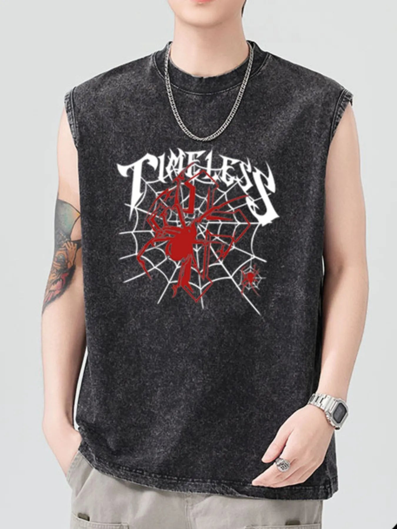 Men's black spider graphic tank top with a round neck.