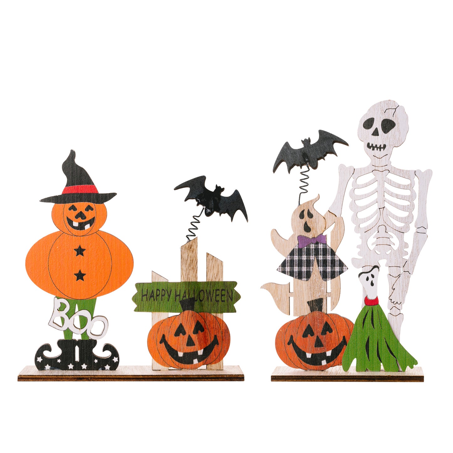 Two wooden Halloween decorations featuring pumpkins, ghosts, bats, and a skeleton.