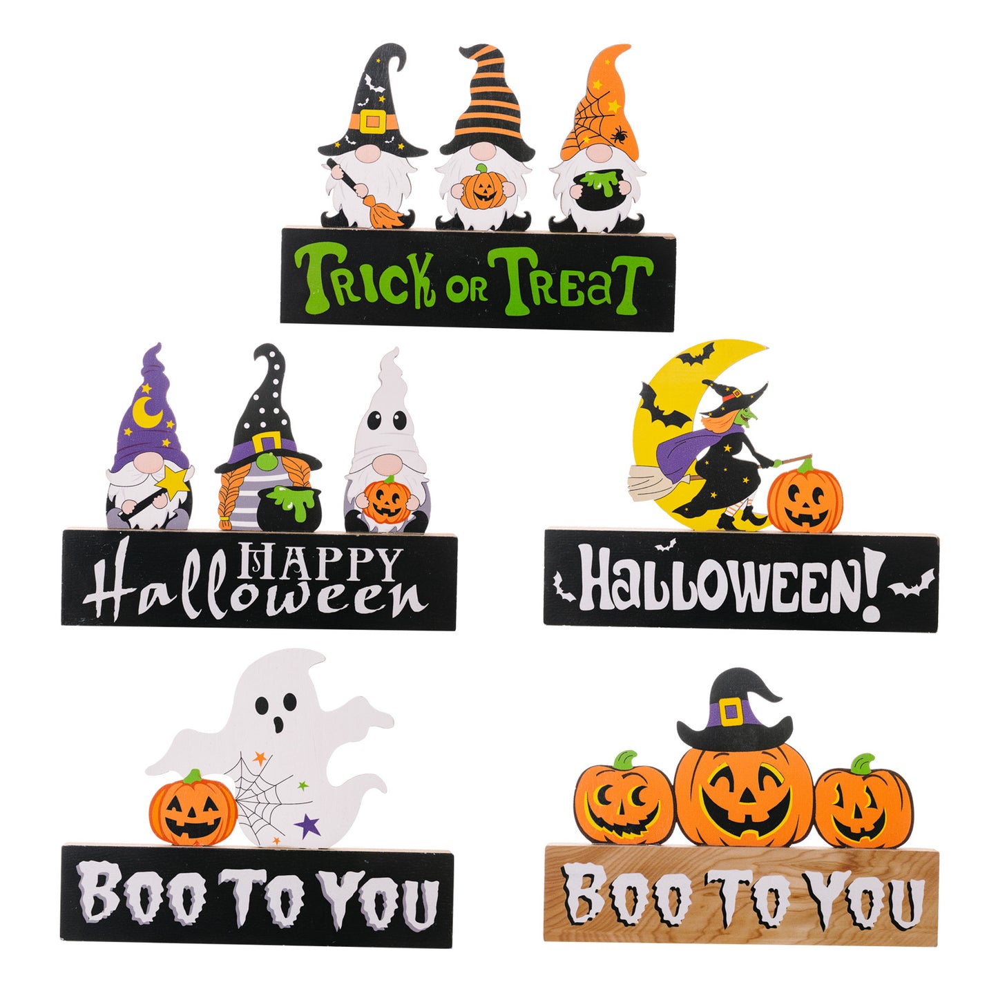 Five assorted Halloween-themed wooden ornaments are displayed.