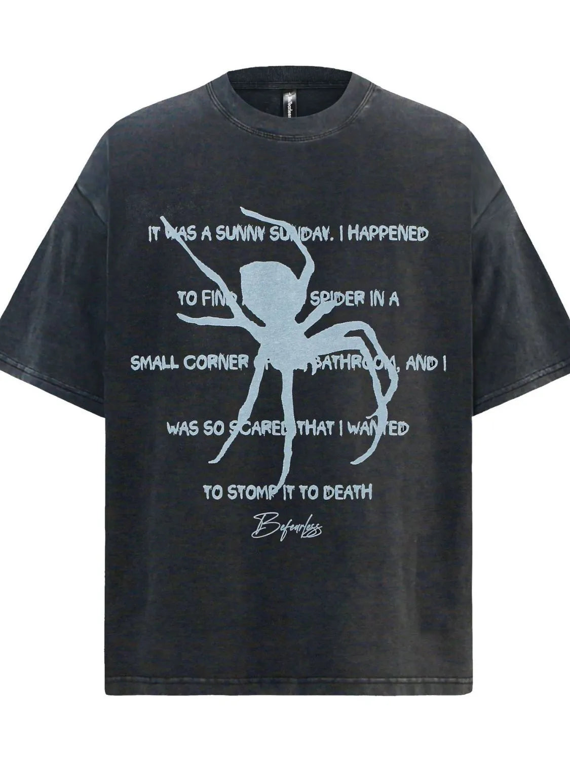 Men's oversized gothic spider graphic t-shirt with text on a dark background.