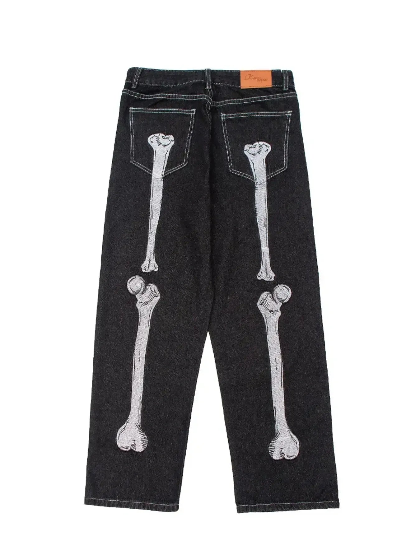 Men's black straight leg jeans with white skeleton bone embroidery on the back.
