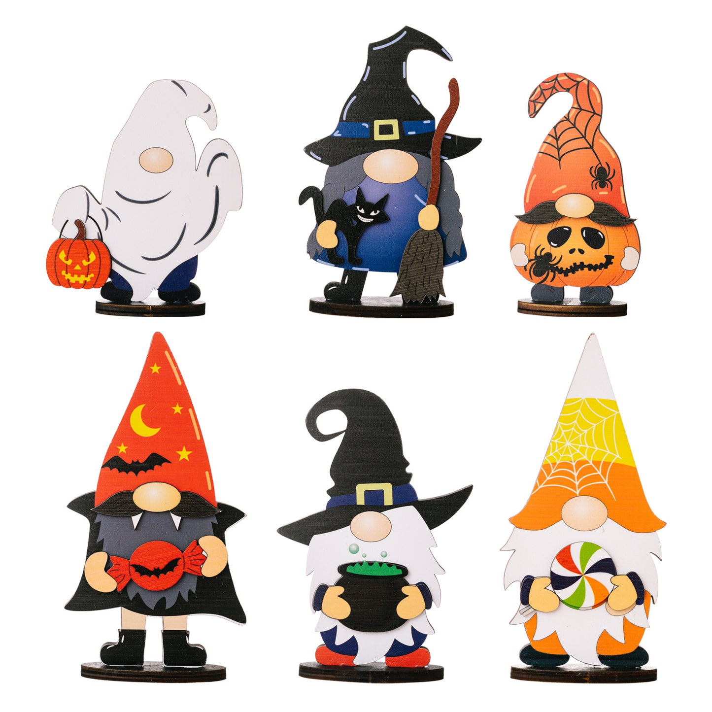 Six wooden Halloween gnome ornaments, each with a unique costume and accessory.