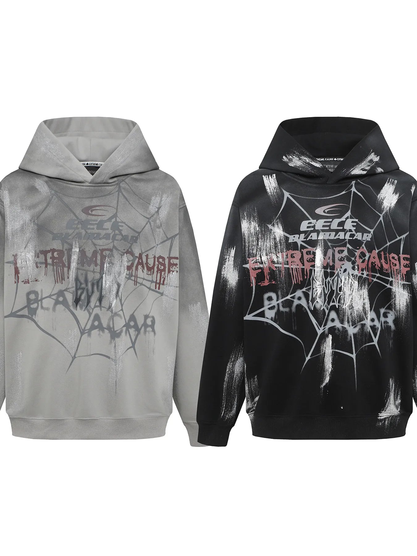 Two men's gothic spider web graffiti print hoodies, one gray and one black.