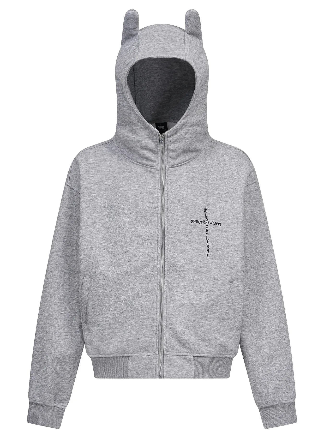 Gray men's zip-up hoodie with devil horns on the hood and a chest graphic.