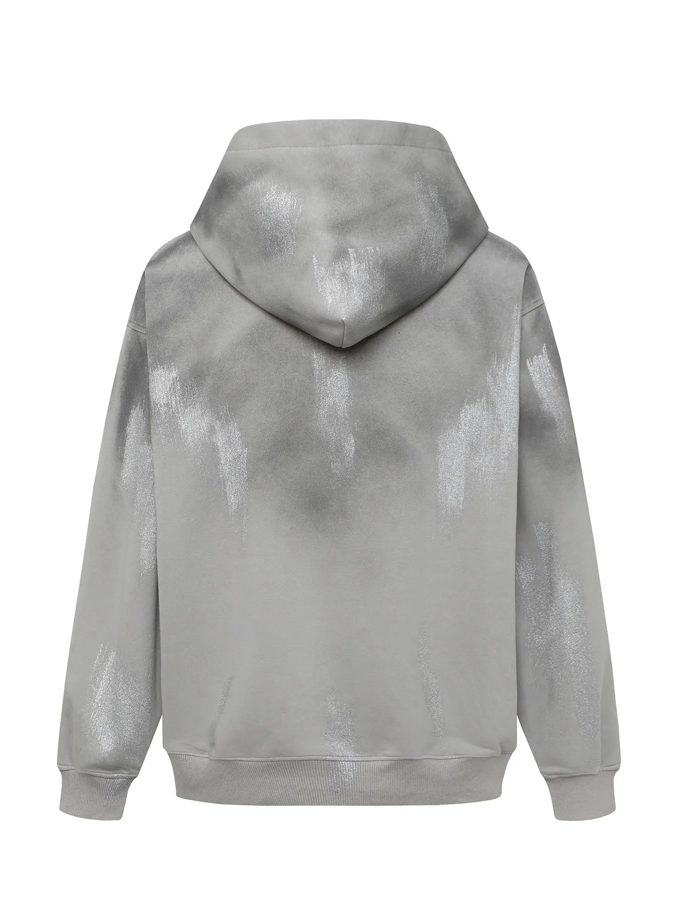 Men's gray hoodie with a silver graffiti print on the back.