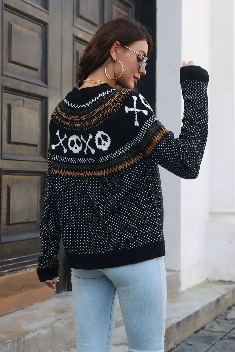 Ghost pattern round neck long sleeve sweater.