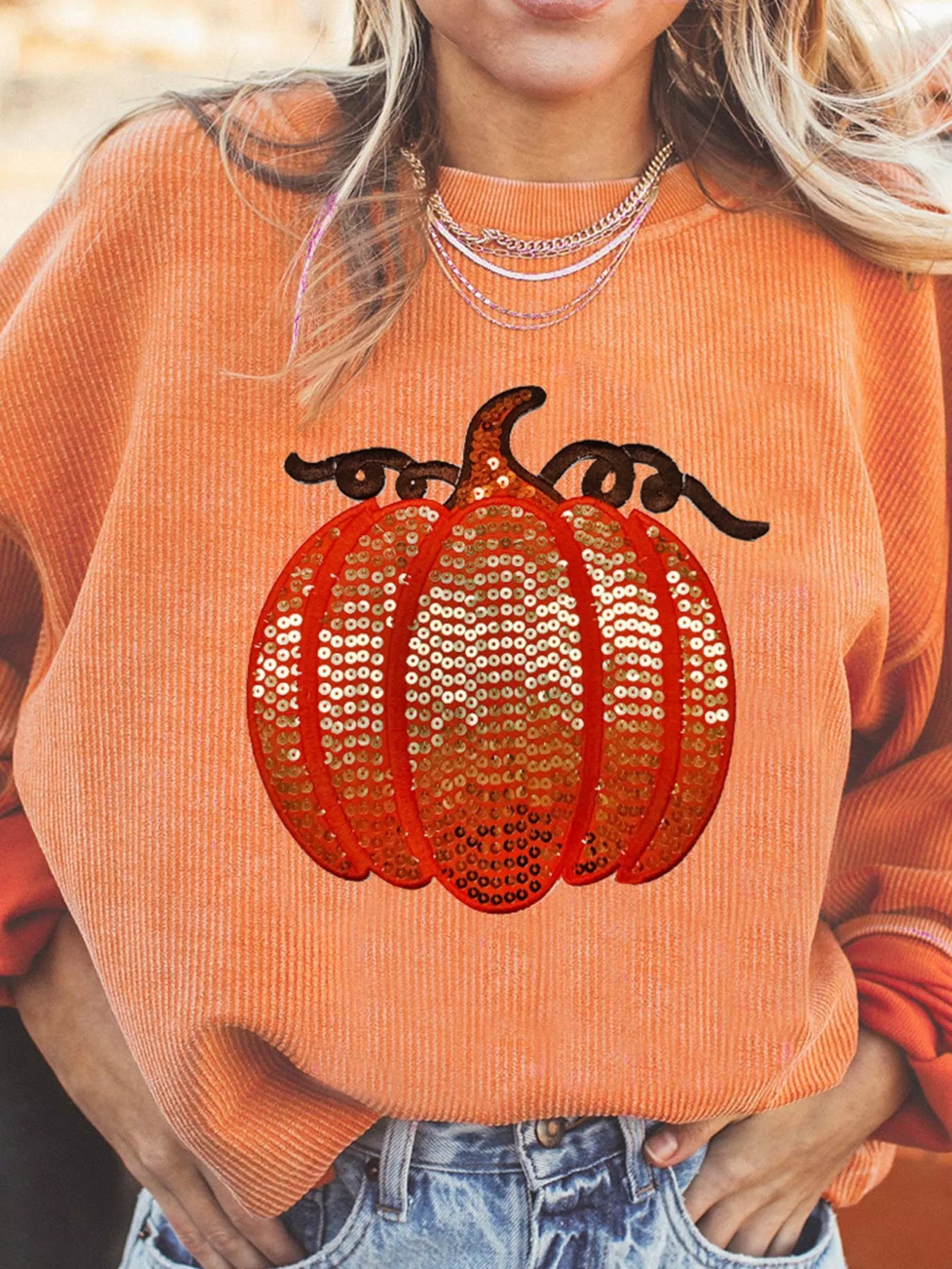 Halloween sequined pumpkin ribbed round neck sweatshirt.
