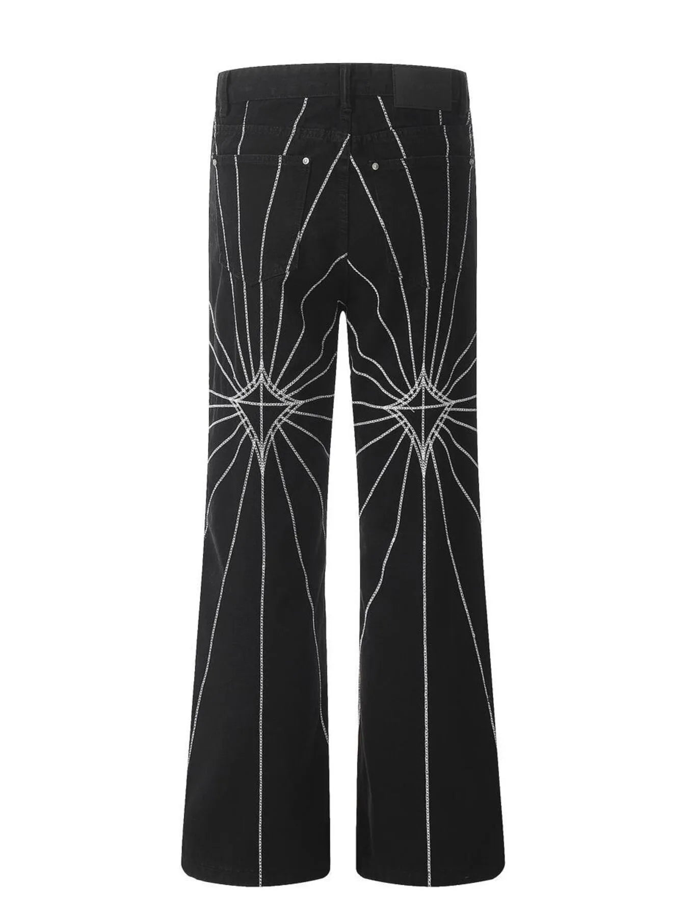 Men's black flared jeans with white spider web embroidery.