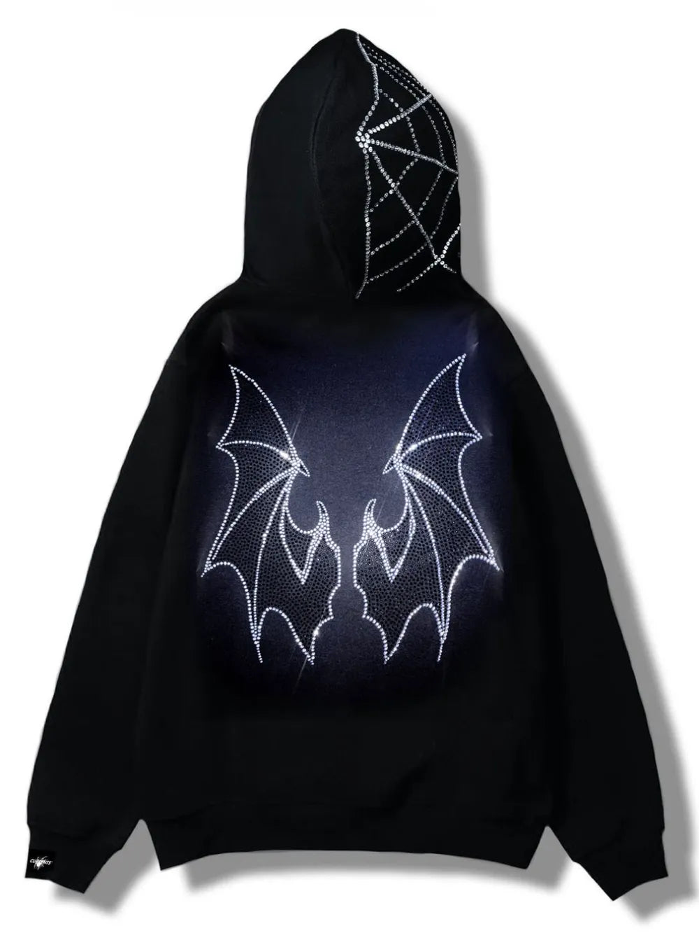 Men's black rhinestone bat zip-up hoodie with a spiderweb design on the hood.