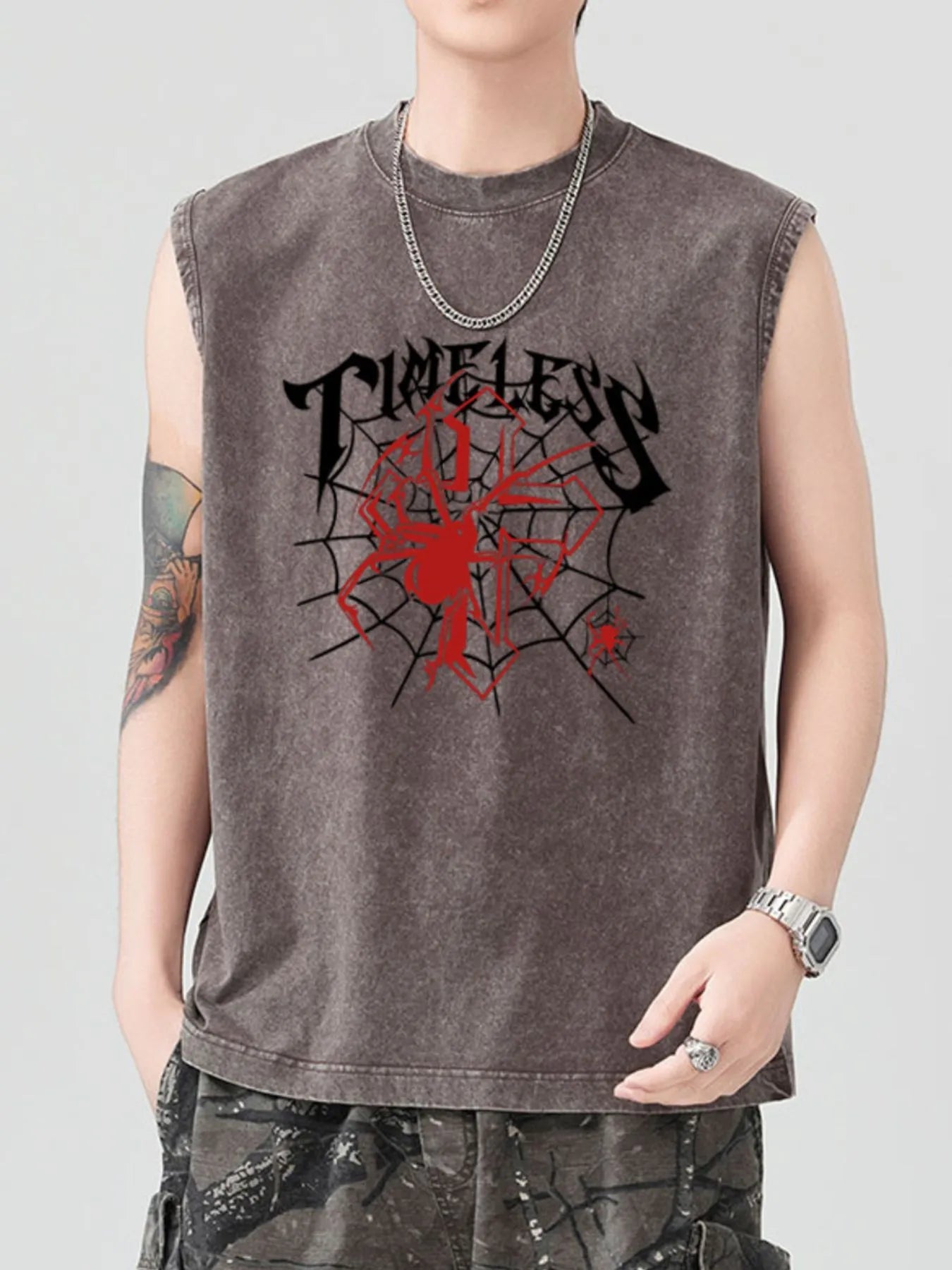 Men's gray tank top with a red spider and web graphic.