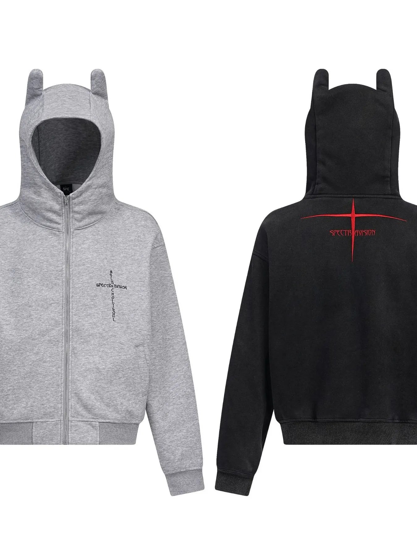 Two men's devil horn zip-up hoodies, one gray and one black, are shown.