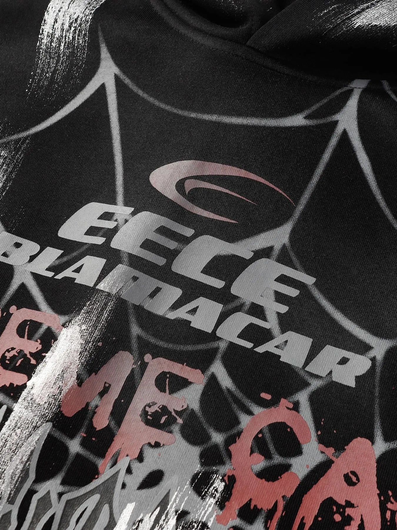 Men's Gothic Spider Web Graffiti Print Hoodie with "EECE BLAMACAR" text.