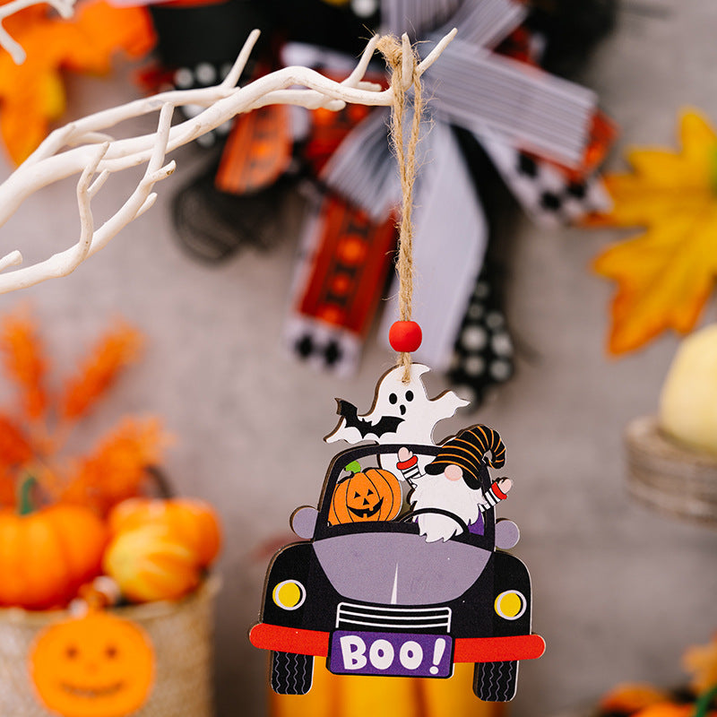 Four Halloween car-shaped hanging widgets featuring a ghost, gnome, and pumpkin.