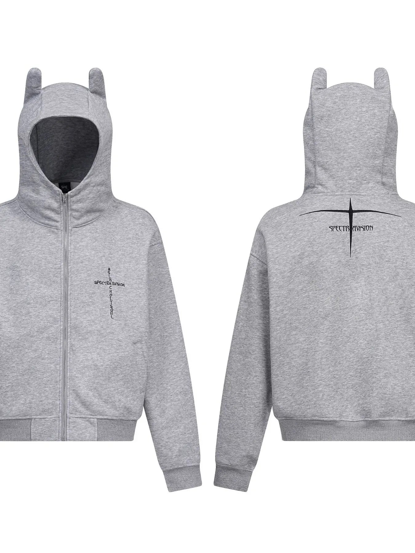 Men's gray zip-up hoodie with devil horns on the hood and a graphic print.