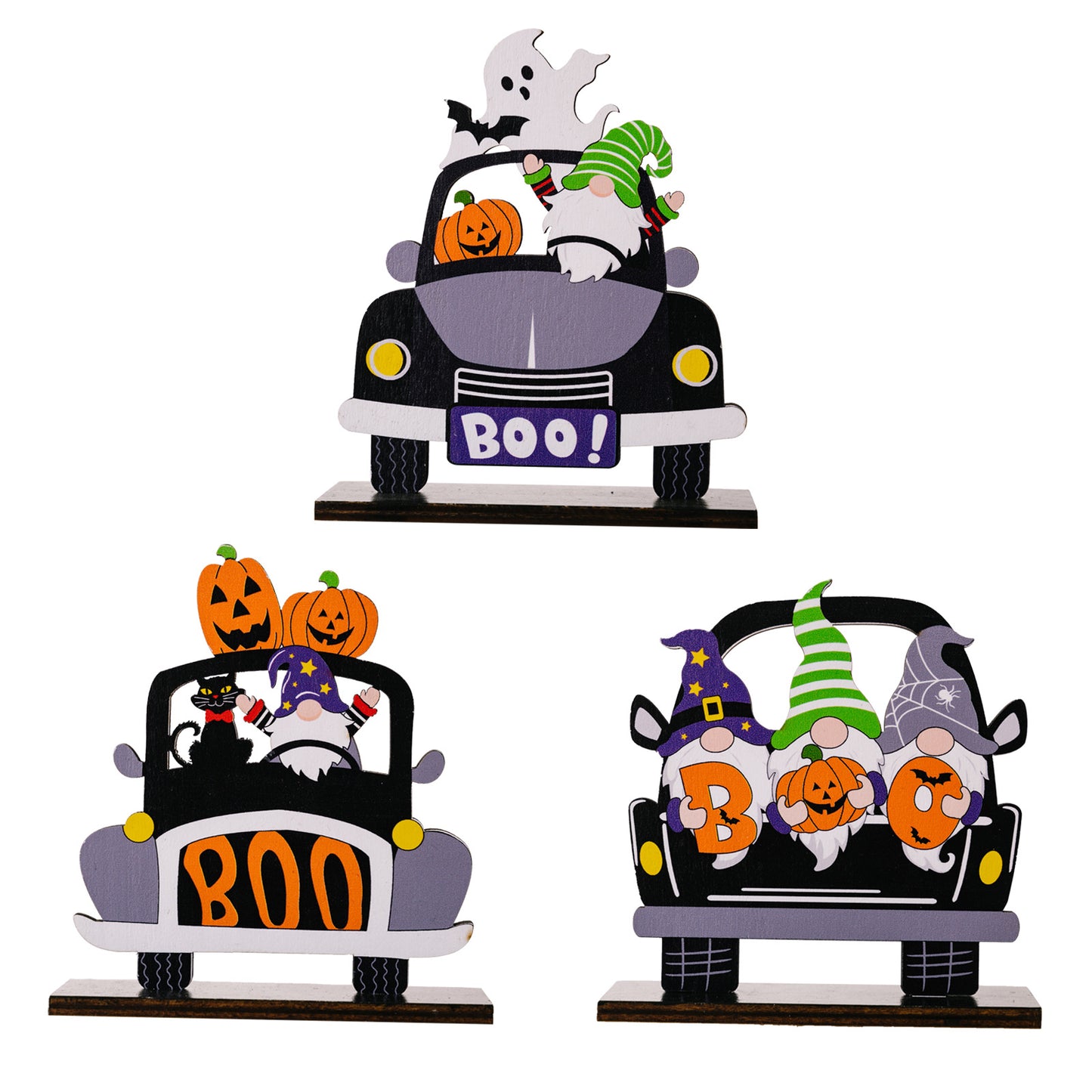 Three Halloween-themed car-shaped wooden ornaments featuring gnomes, pumpkins, and ghosts.