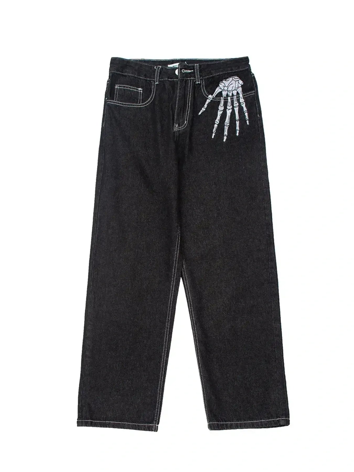Men's black straight leg jeans with a white skeleton hand embroidered on the right hip.