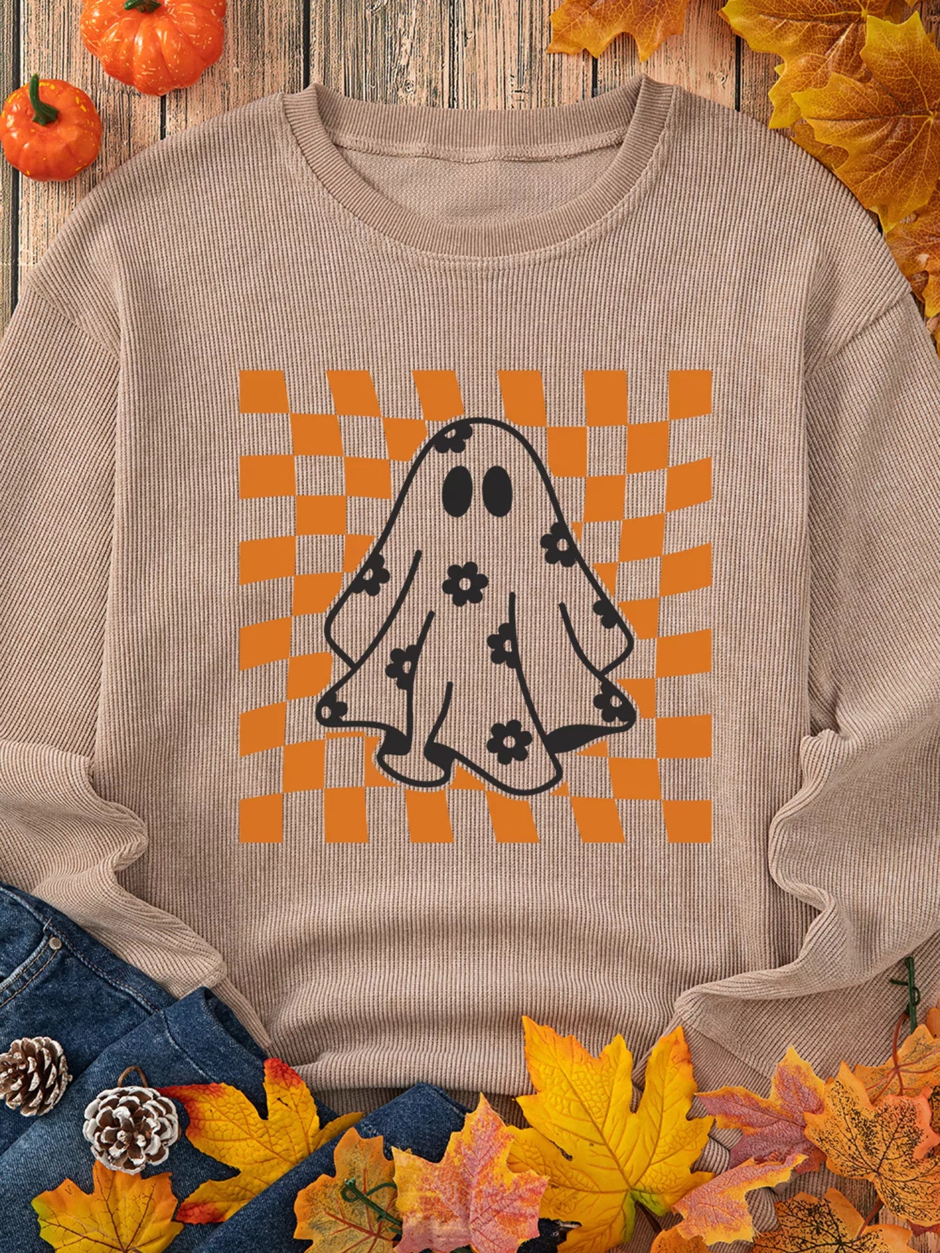Halloween checkerboard floral ghost graphic corded sweatshirt.