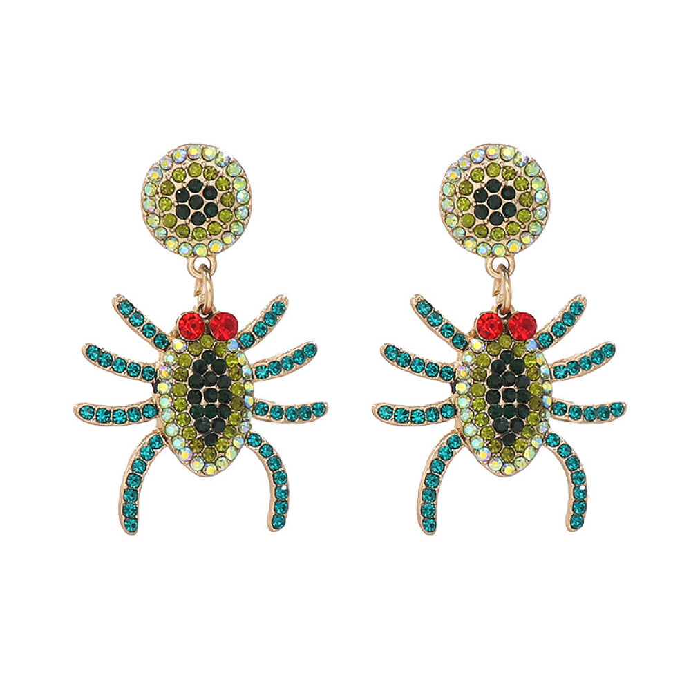 Two gold-toned spider earrings with green, black, red, and teal rhinestones.