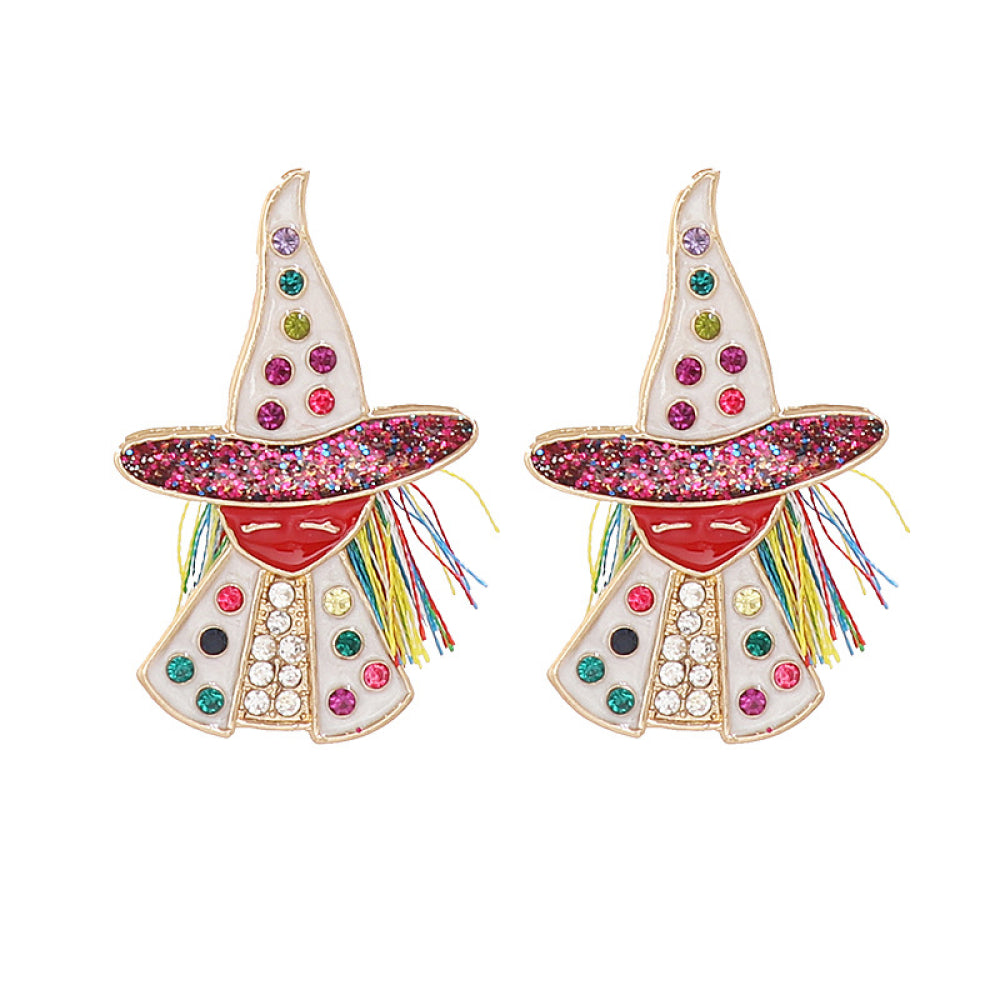 Two witch-shaped rhinestone alloy earrings with colorful details.