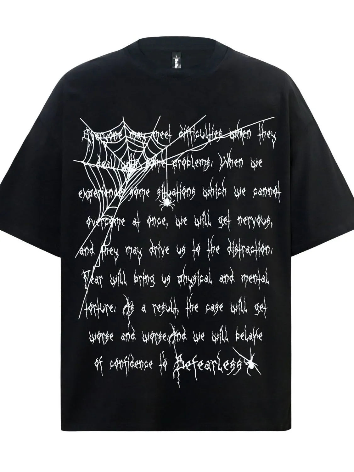 Men's black oversized t-shirt with white spider web and letter print.