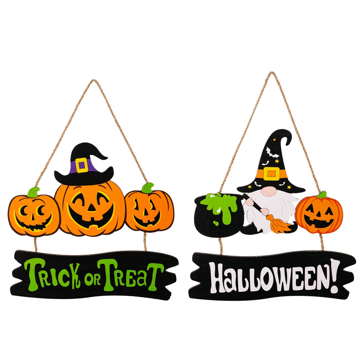 Two Halloween-themed hanging signs, one with pumpkins and "Trick or Treat," the other with a gnome and "Halloween!"