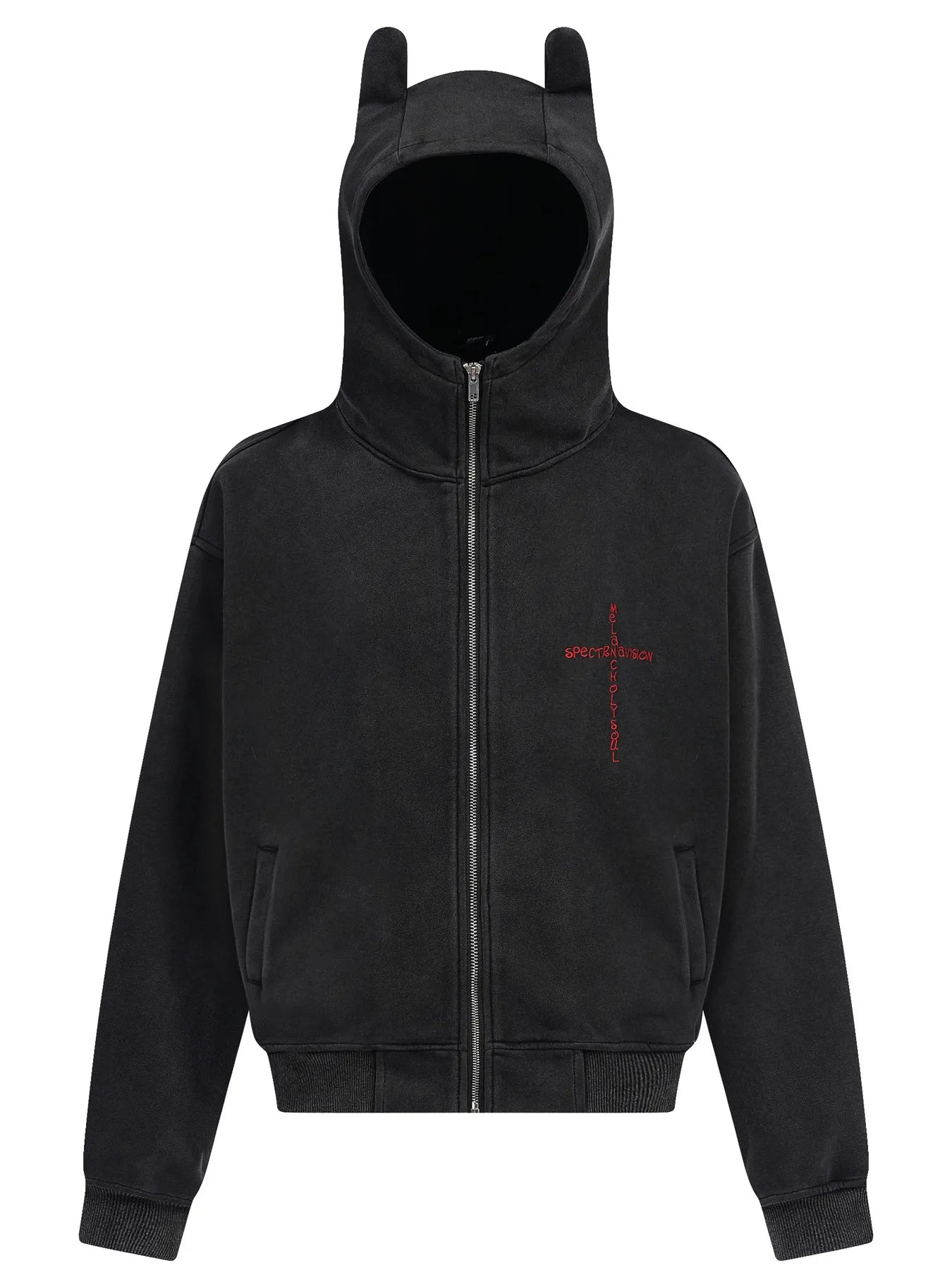 Black men's zip-up hoodie with devil horns and red cross graphic.
