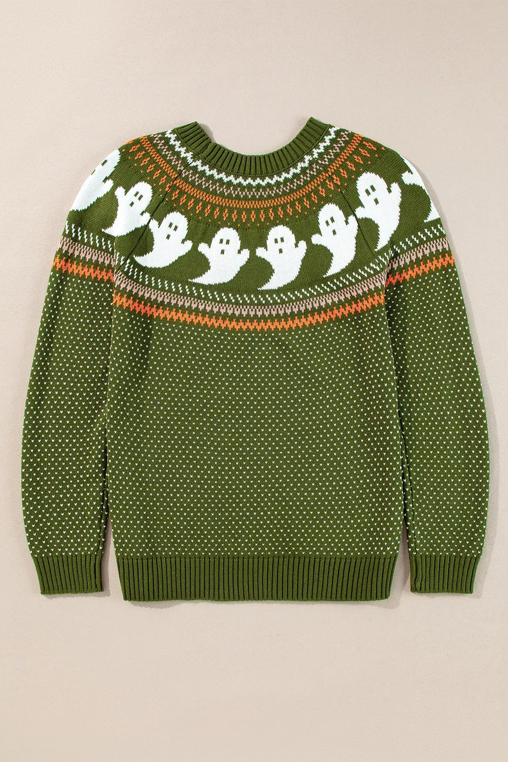 A green long-sleeve sweater with a round neck and a ghost pattern.