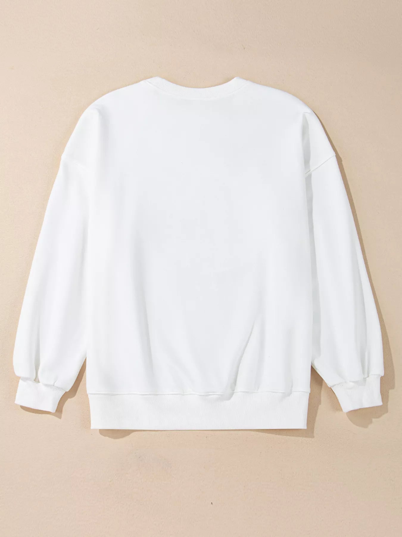 White long sleeve sweatshirt with a round neck and ribbed cuffs and hem.