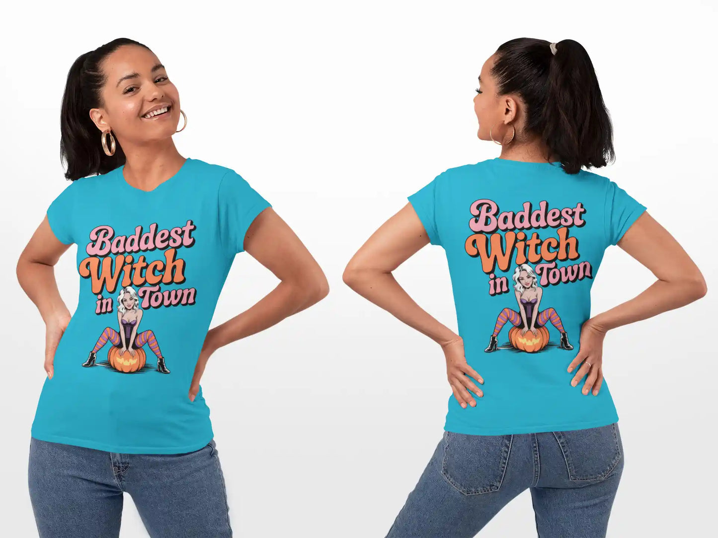 A woman models a blue "Baddest Witch in Town" t-shirt from the front and back.