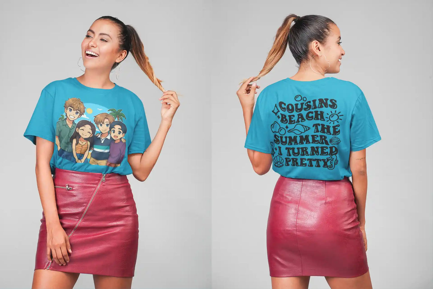 A woman models a blue t-shirt with an anime graphic on the front and text on the back.