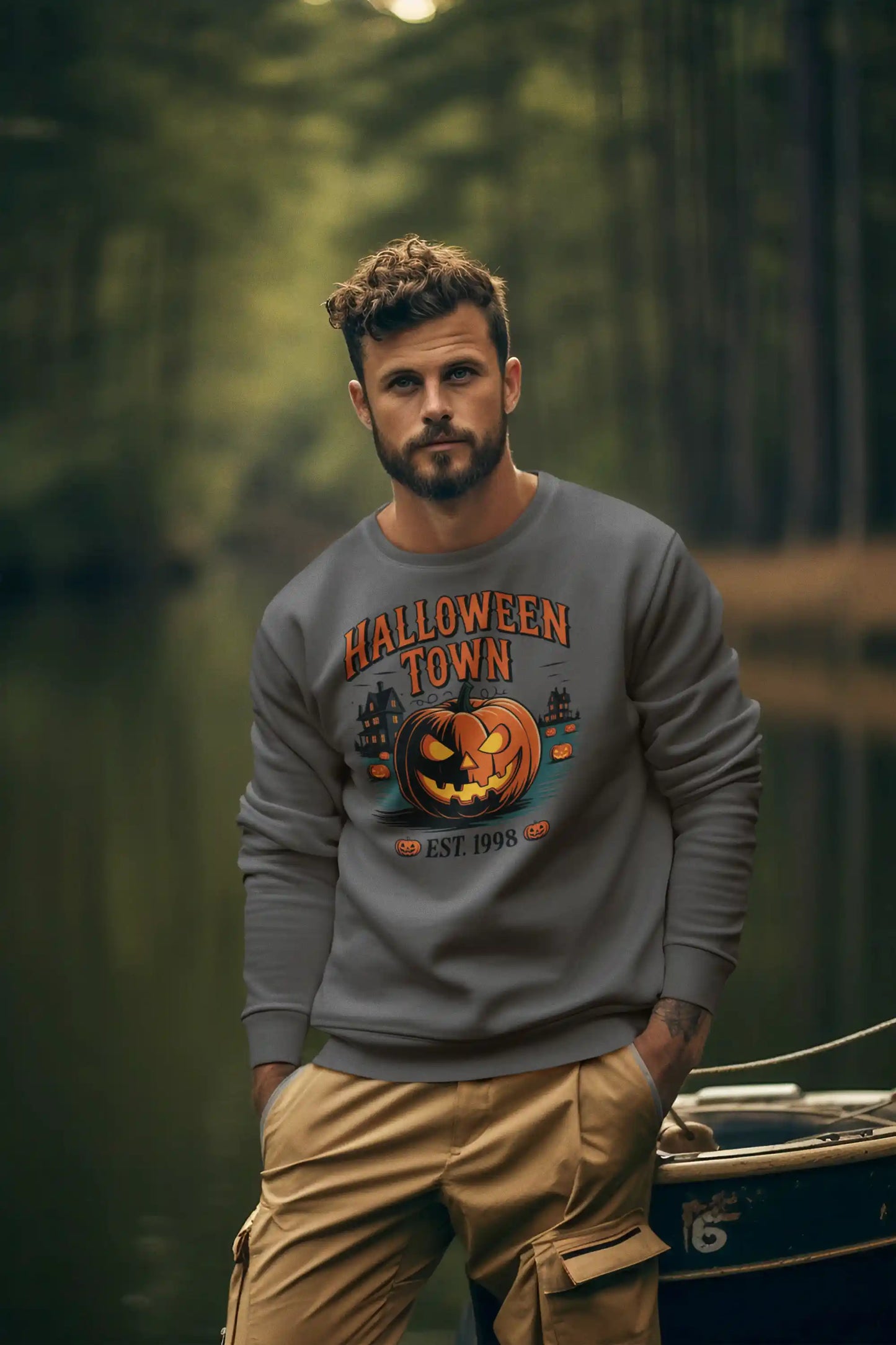 A man wears a dark gray Halloween Town sweatshirt with a pumpkin graphic.