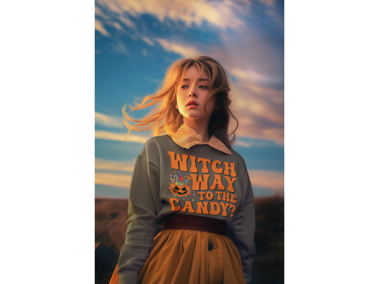 A woman wears a grey "Witch Way to the Candy" Halloween sweatshirt and a yellow skirt.