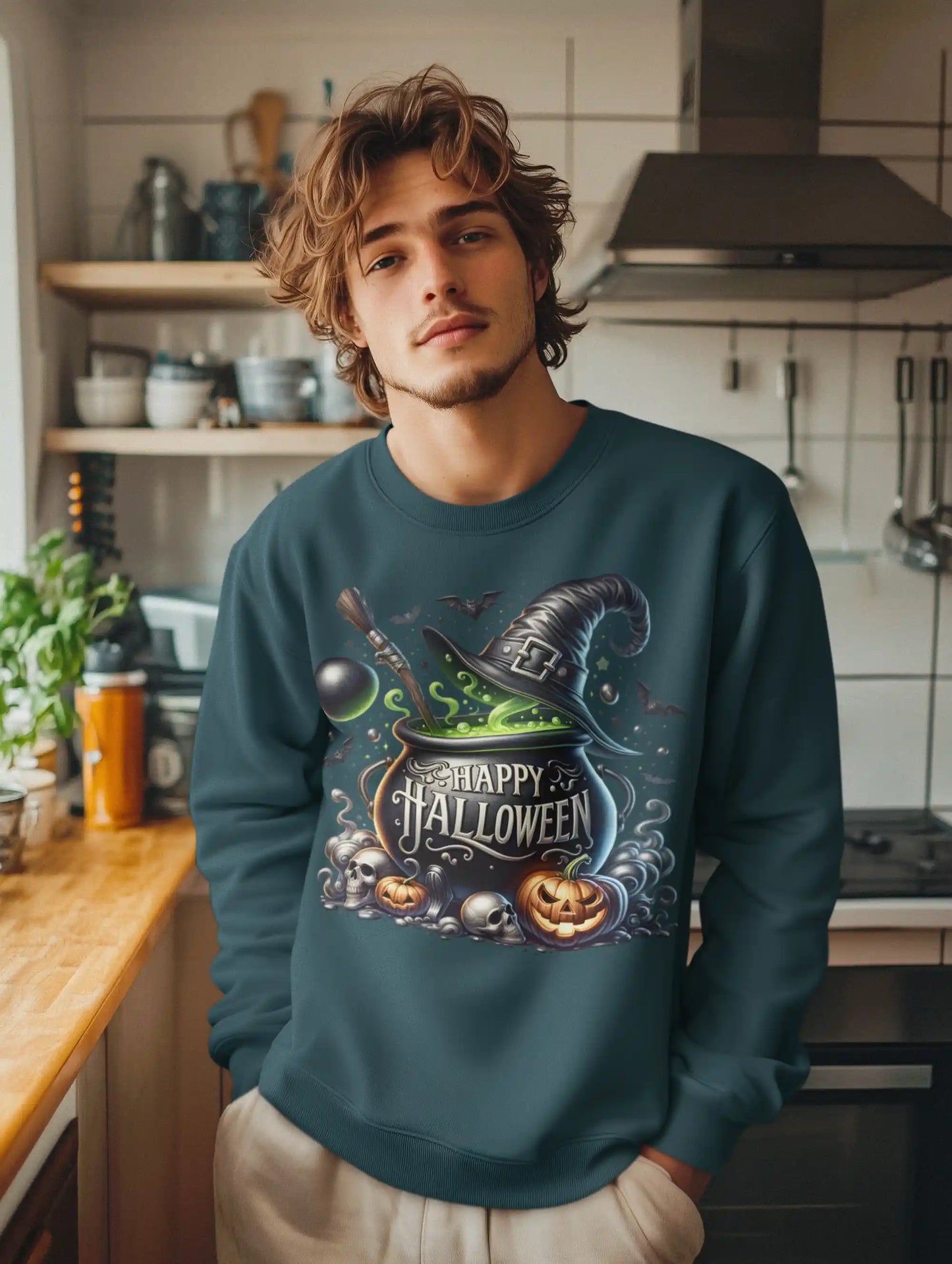 A man wears a dark teal sweatshirt with a "Happy Halloween" cauldron design.