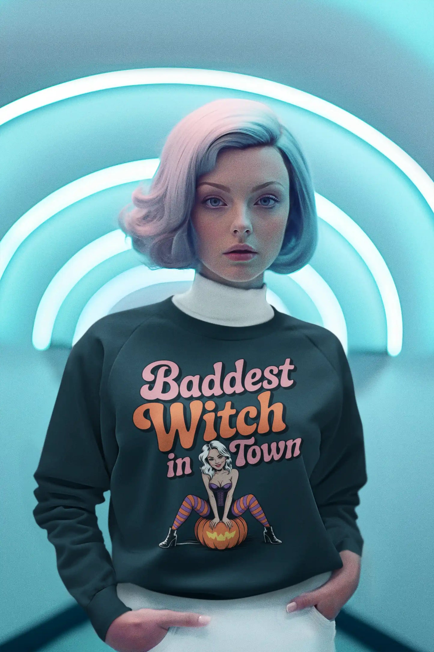 A woman with light hair wears a dark sweatshirt with "Baddest Witch in Town" text.