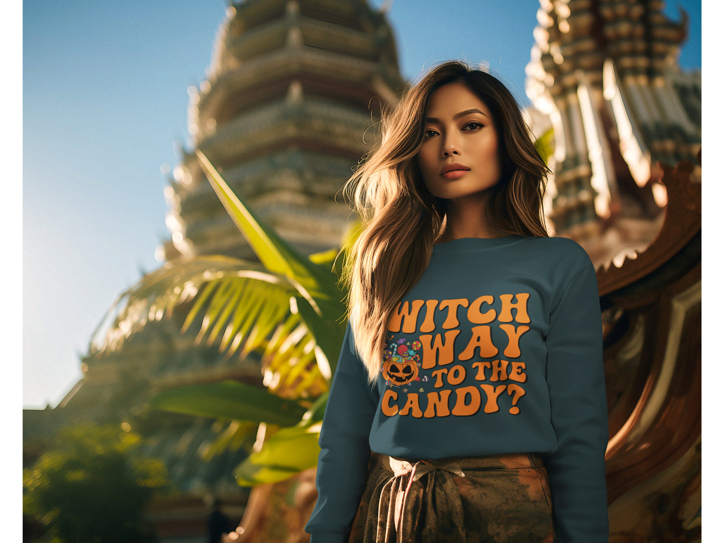 A woman wears a dark blue "Witch Way to the Candy" Halloween sweatshirt.