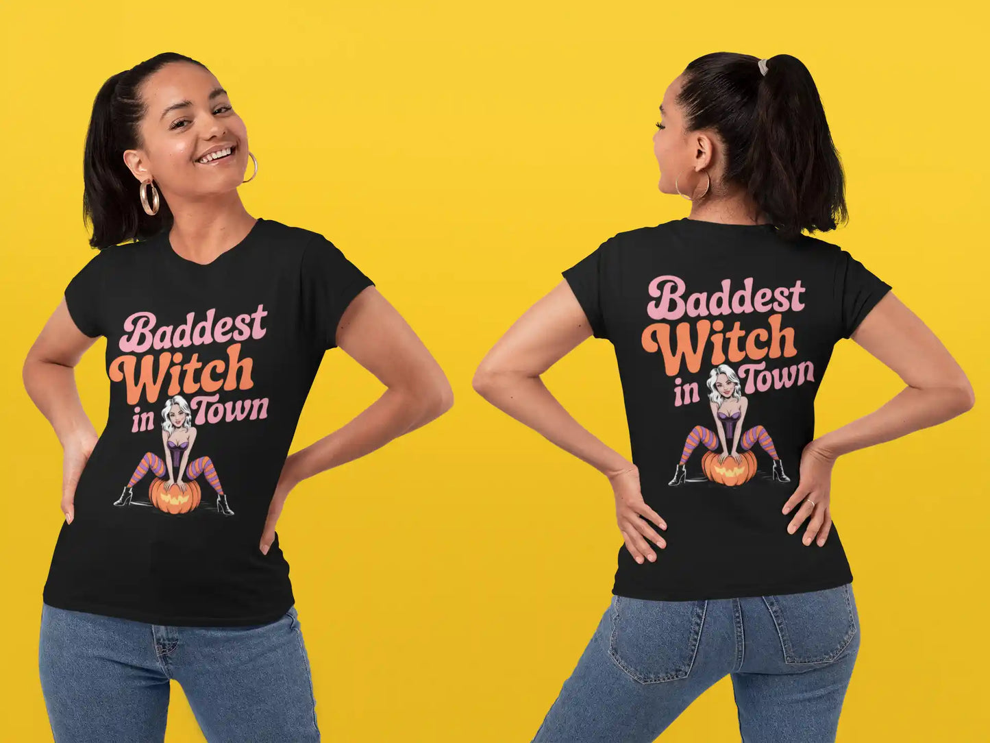 Baddest Witch in Town Retro Halloween Bella+Canvas 3001 T-Shirt – Spooky Cute Fall Tee
