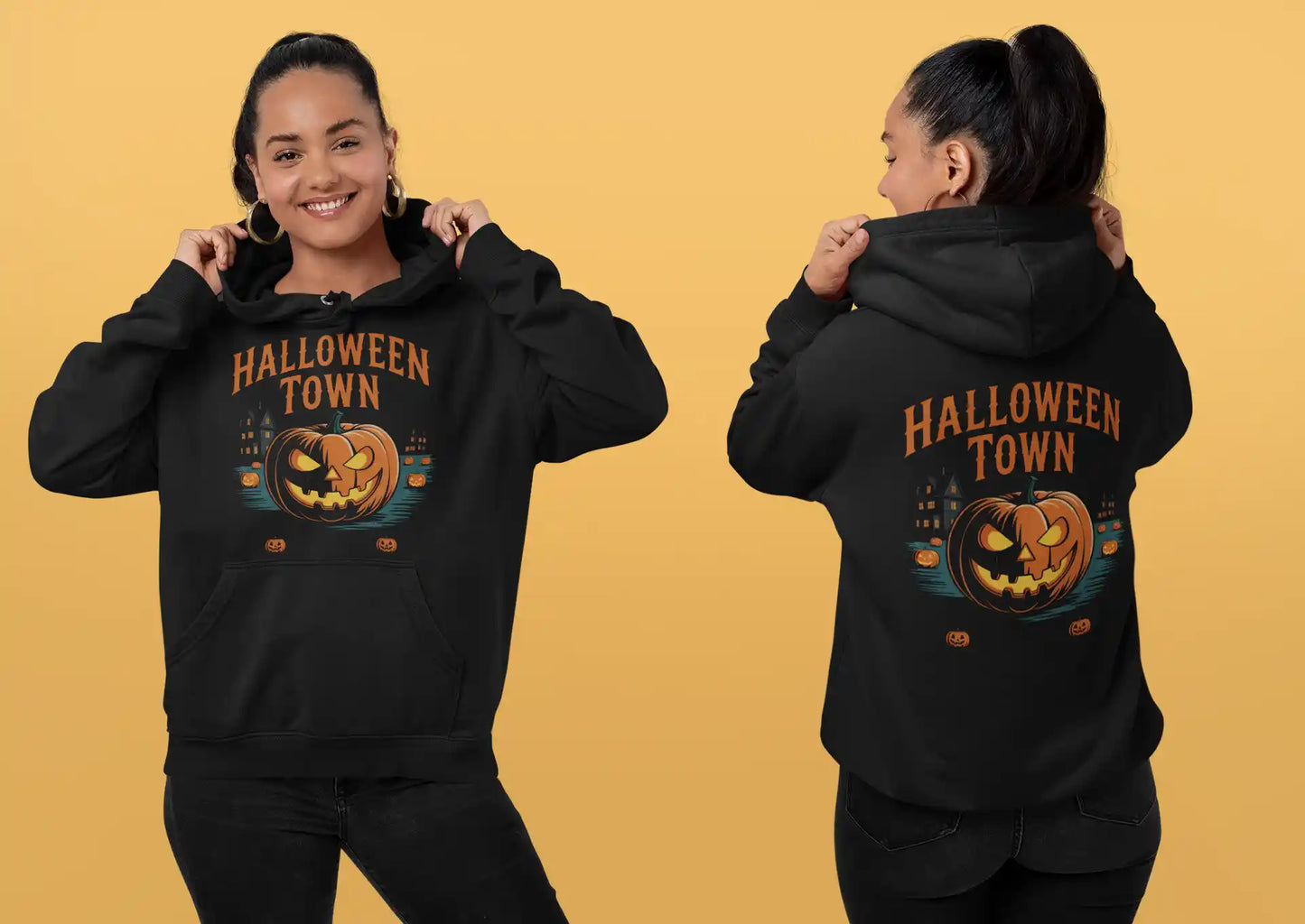 Black Halloween Town hoodie with a vintage pumpkin graphic, shown front and back on a model.