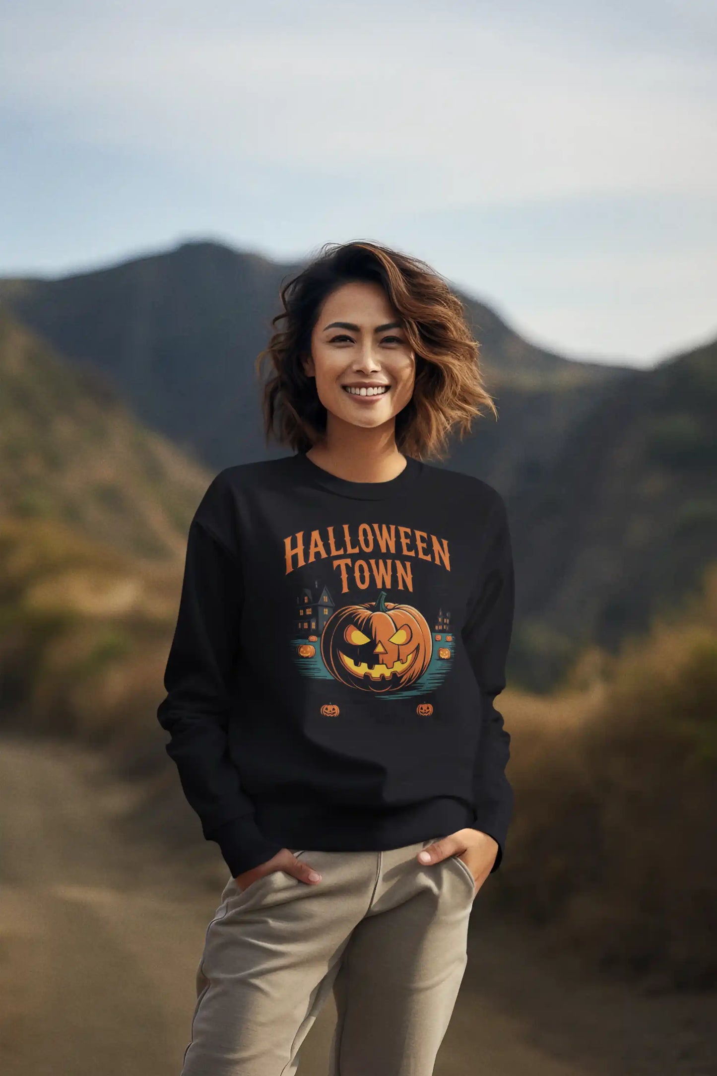 Halloween Town Sweatshirt – Vintage Pumpkin Graphic – Bella Canvas 3501 – Halloween Crewneck – Spooky Season Shirt – Unisex S-3XL