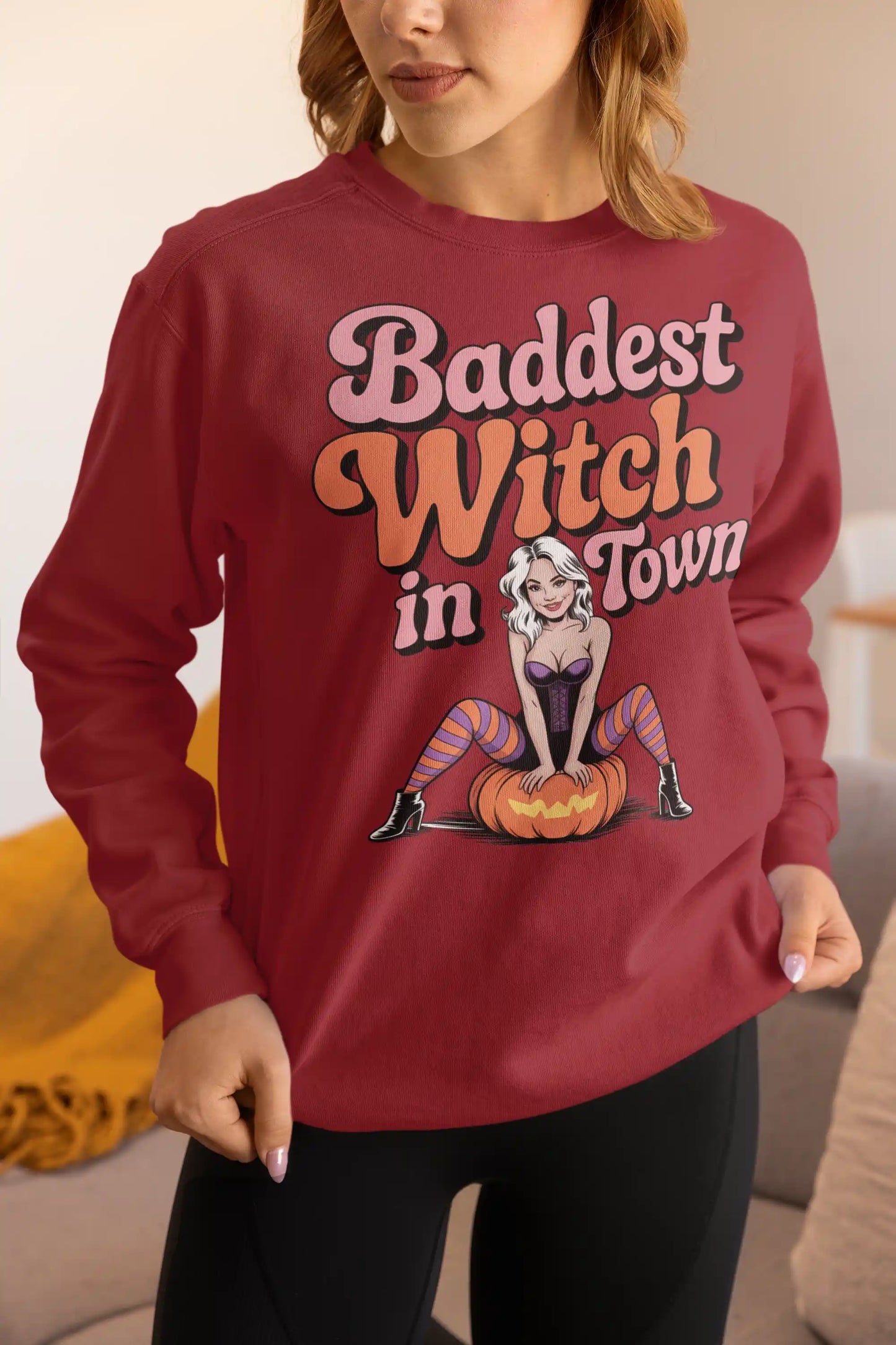 Baddest Witch in Town Retro Halloween Bella+Canvas 3501 Sweatshirt – Spooky Cute Fall Outfit