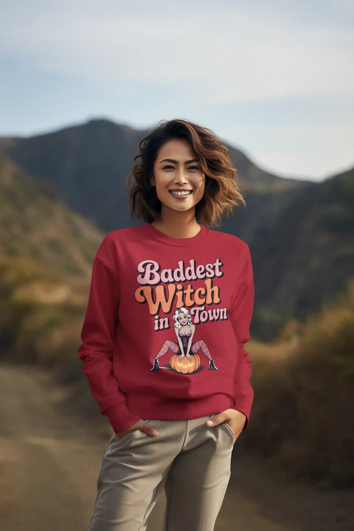 Baddest Witch in Town Retro Halloween Bella+Canvas 3501 Sweatshirt – Spooky Cute Fall Outfit