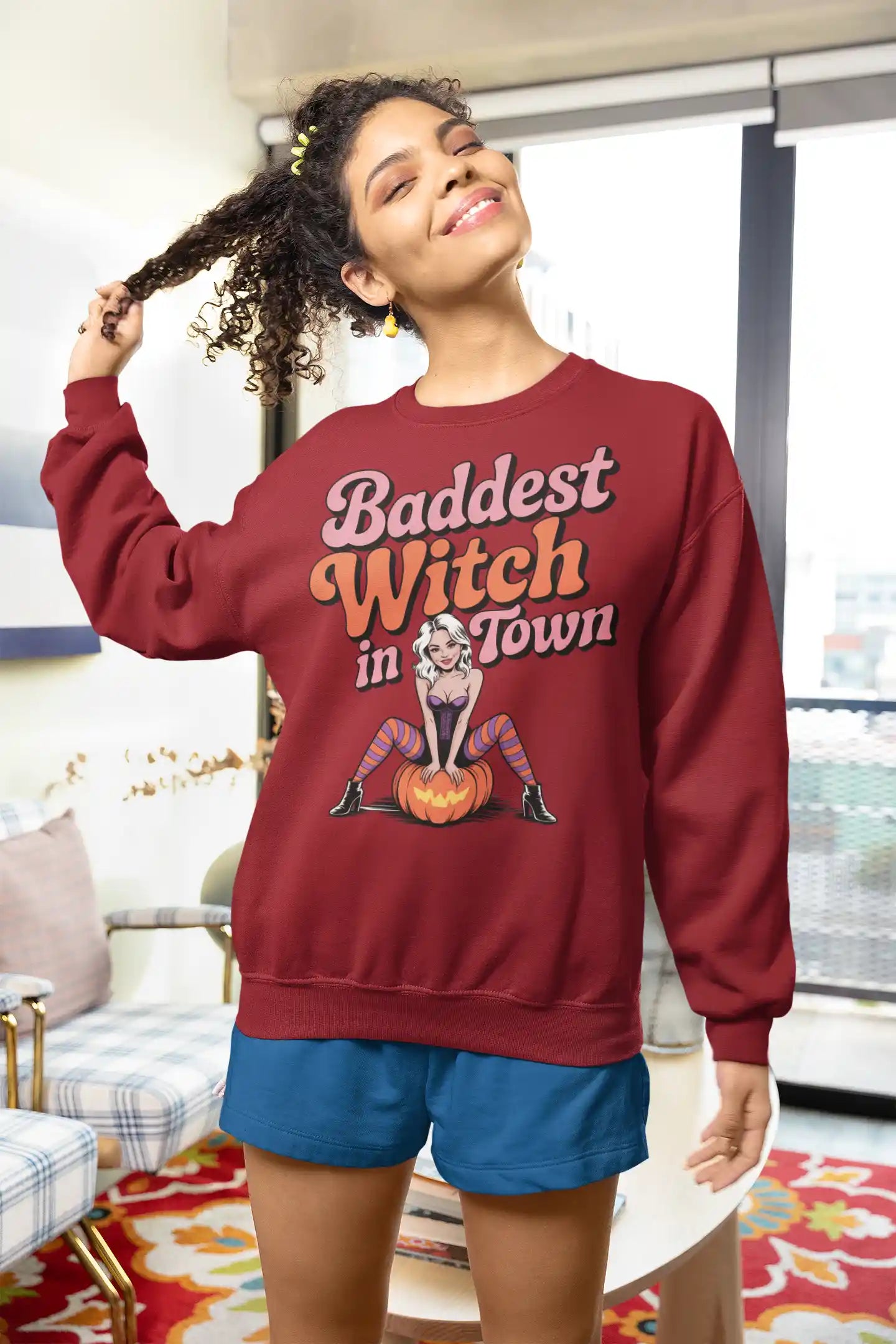 Baddest Witch in Town Retro Halloween Bella+Canvas 3501 Sweatshirt – Spooky Cute Fall Outfit