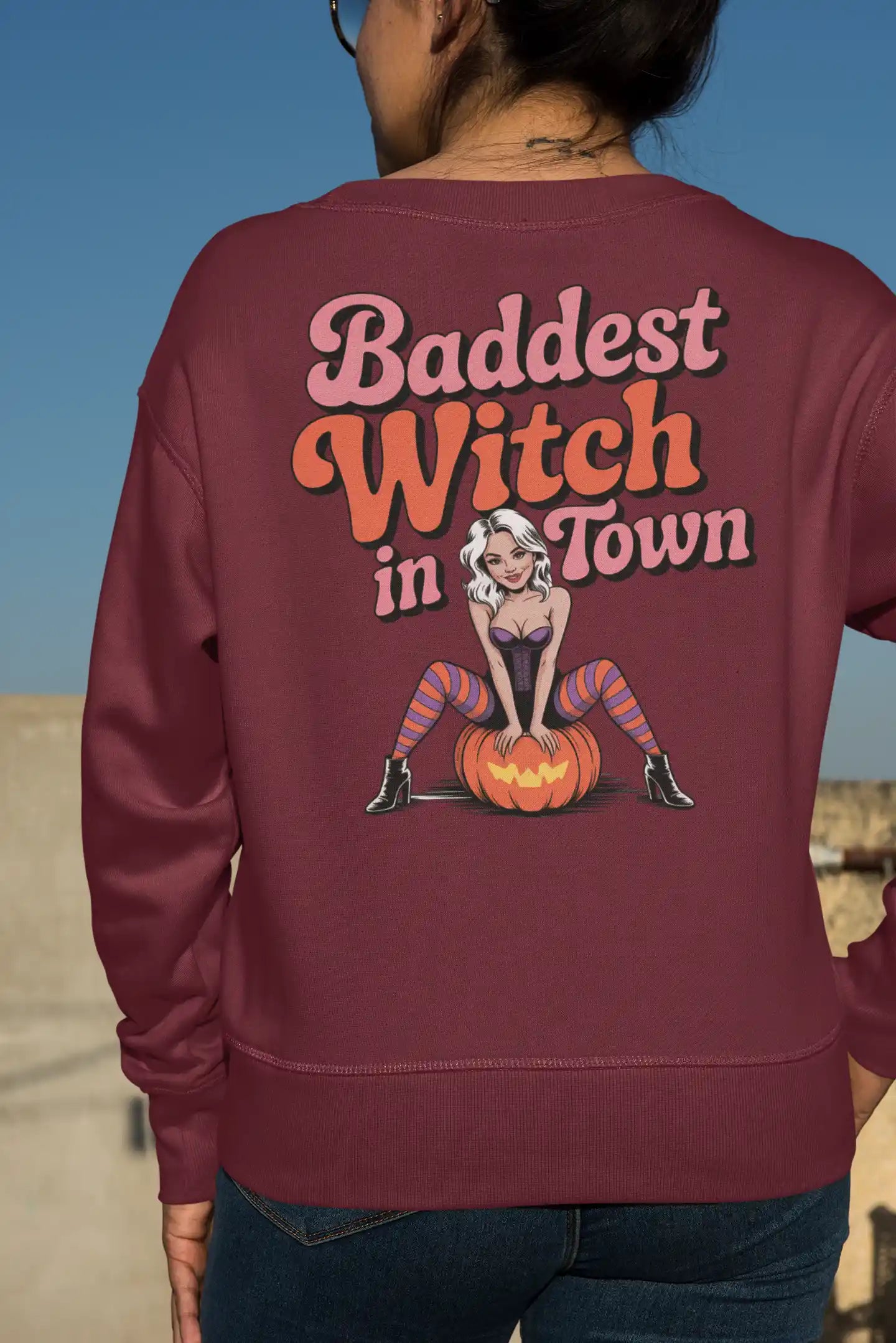Baddest Witch in Town Retro Halloween Bella+Canvas 3501 Sweatshirt – Spooky Cute Fall Outfit