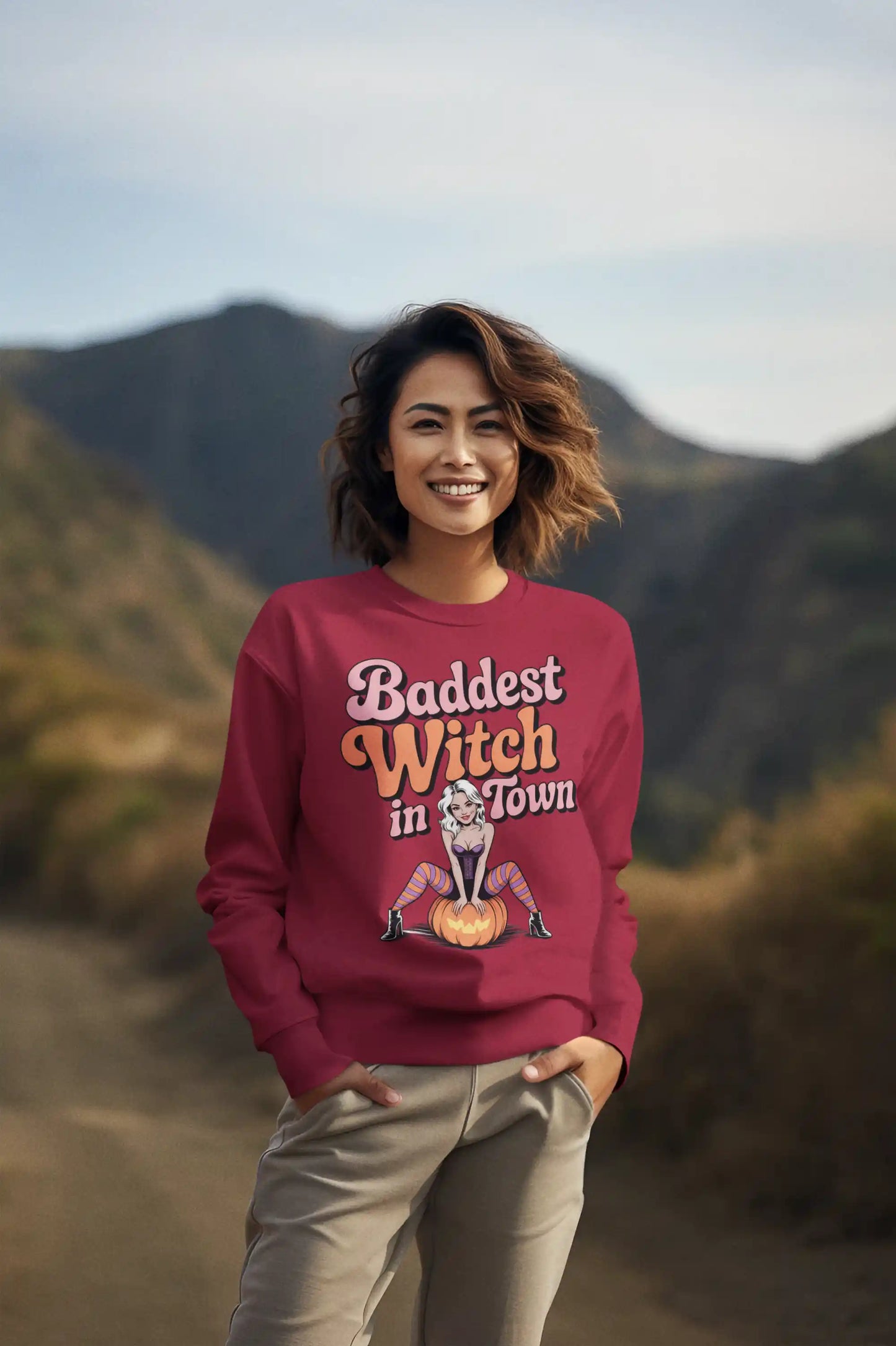 Baddest Witch in Town Retro Halloween Bella+Canvas 3501 Sweatshirt – Spooky Cute Fall Outfit