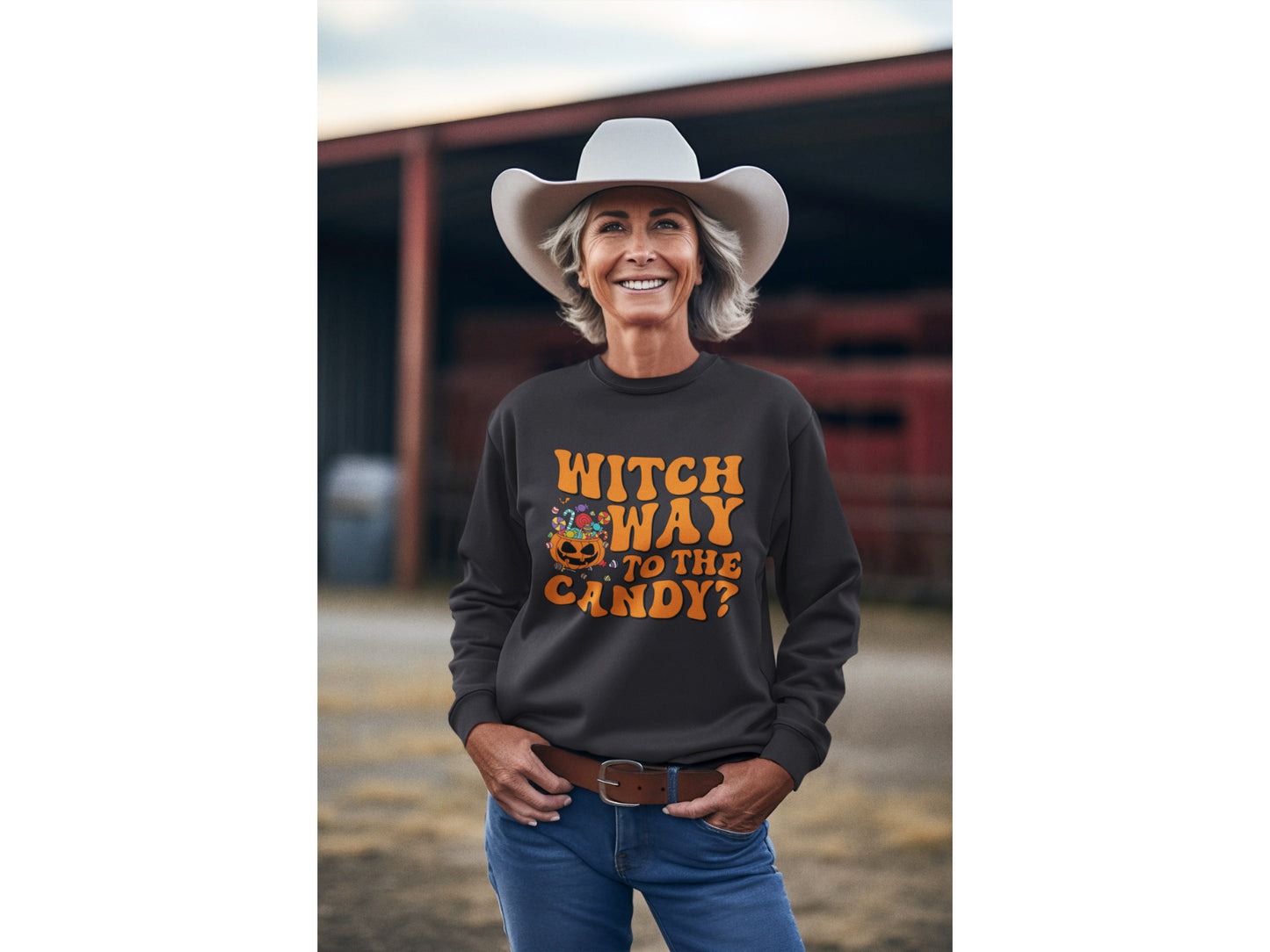 Witch Way to the Candy Halloween Sweatshirt – Bella+Canvas 3501 Unisex Pullover – Spooky Funny Fall Sweater (S–3XL, Multiple Colors)