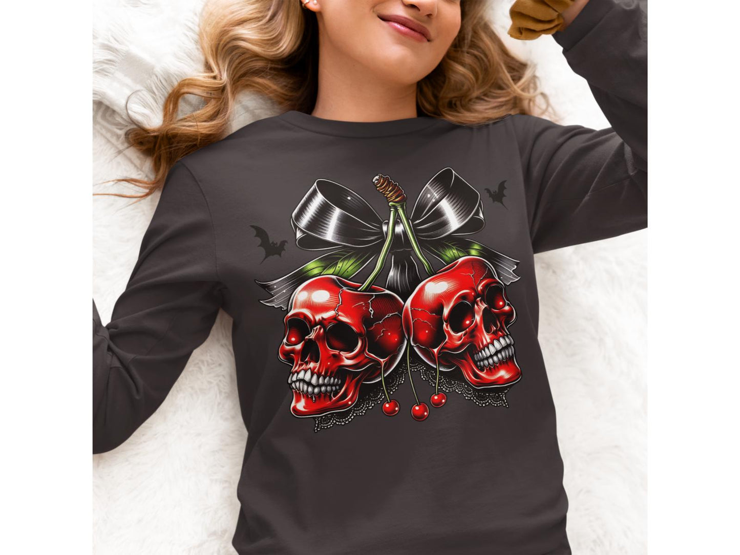 Spooky Cherry Halloween Bow Sweatshirt – Cute & Creepy Fall Vibes