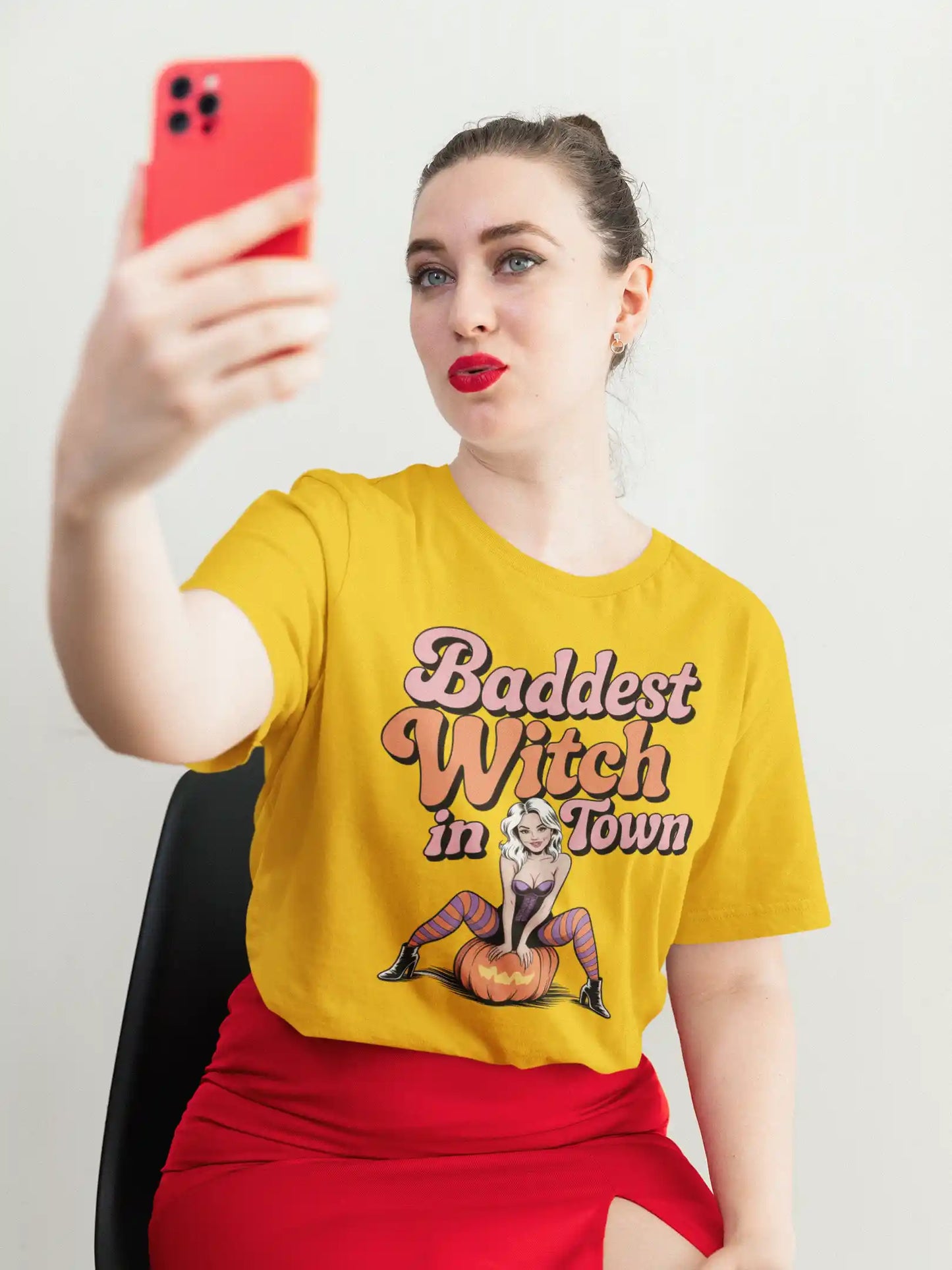 Baddest Witch in Town Retro Halloween Bella+Canvas 3001 T-Shirt – Spooky Cute Fall Tee
