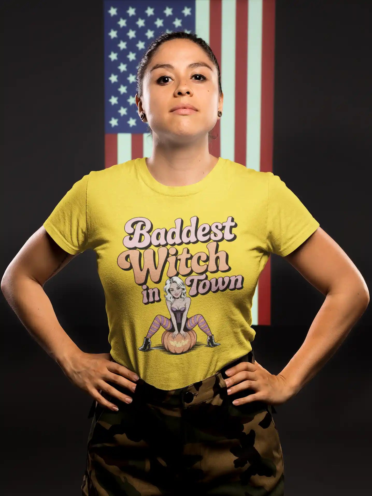Baddest Witch in Town Retro Halloween Bella+Canvas 3001 T-Shirt – Spooky Cute Fall Tee