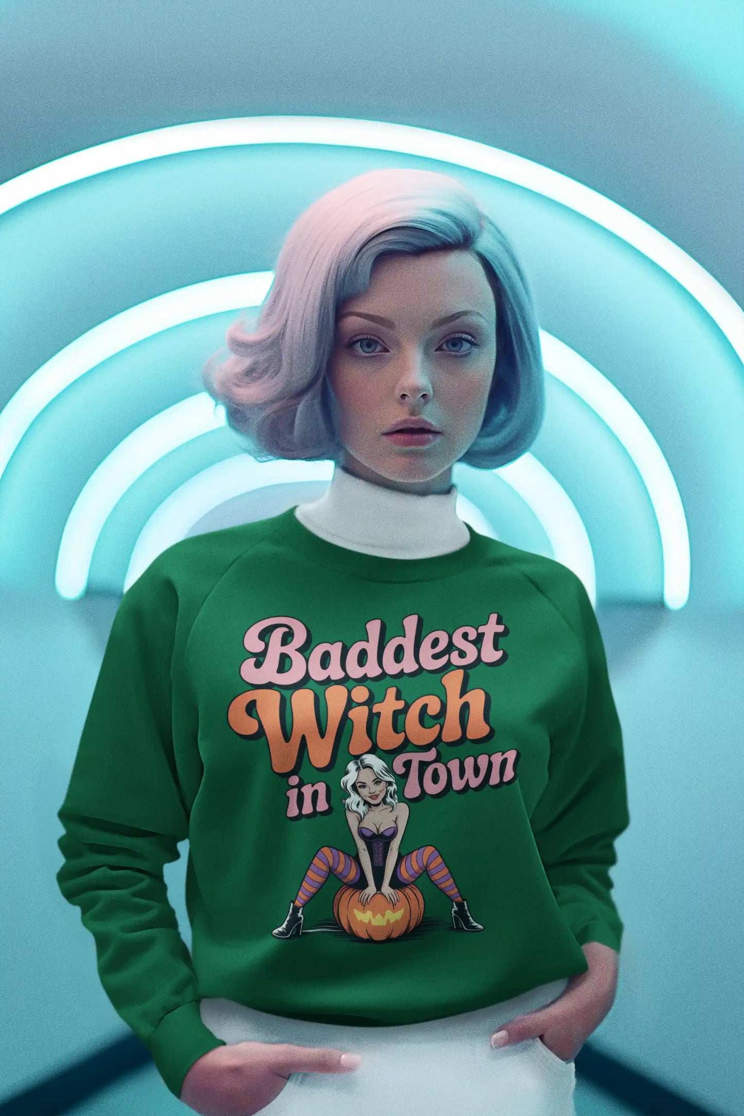 Baddest Witch in Town Retro Halloween Bella+Canvas 3501 Sweatshirt – Spooky Cute Fall Outfit