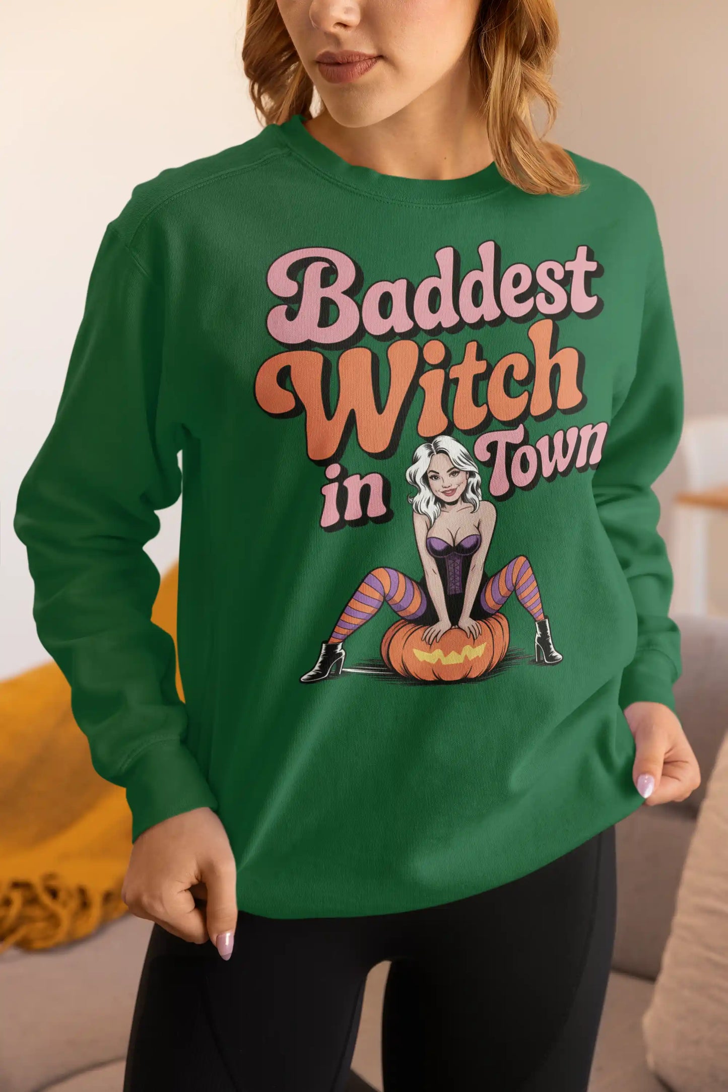 Baddest Witch in Town Retro Halloween Bella+Canvas 3501 Sweatshirt – Spooky Cute Fall Outfit